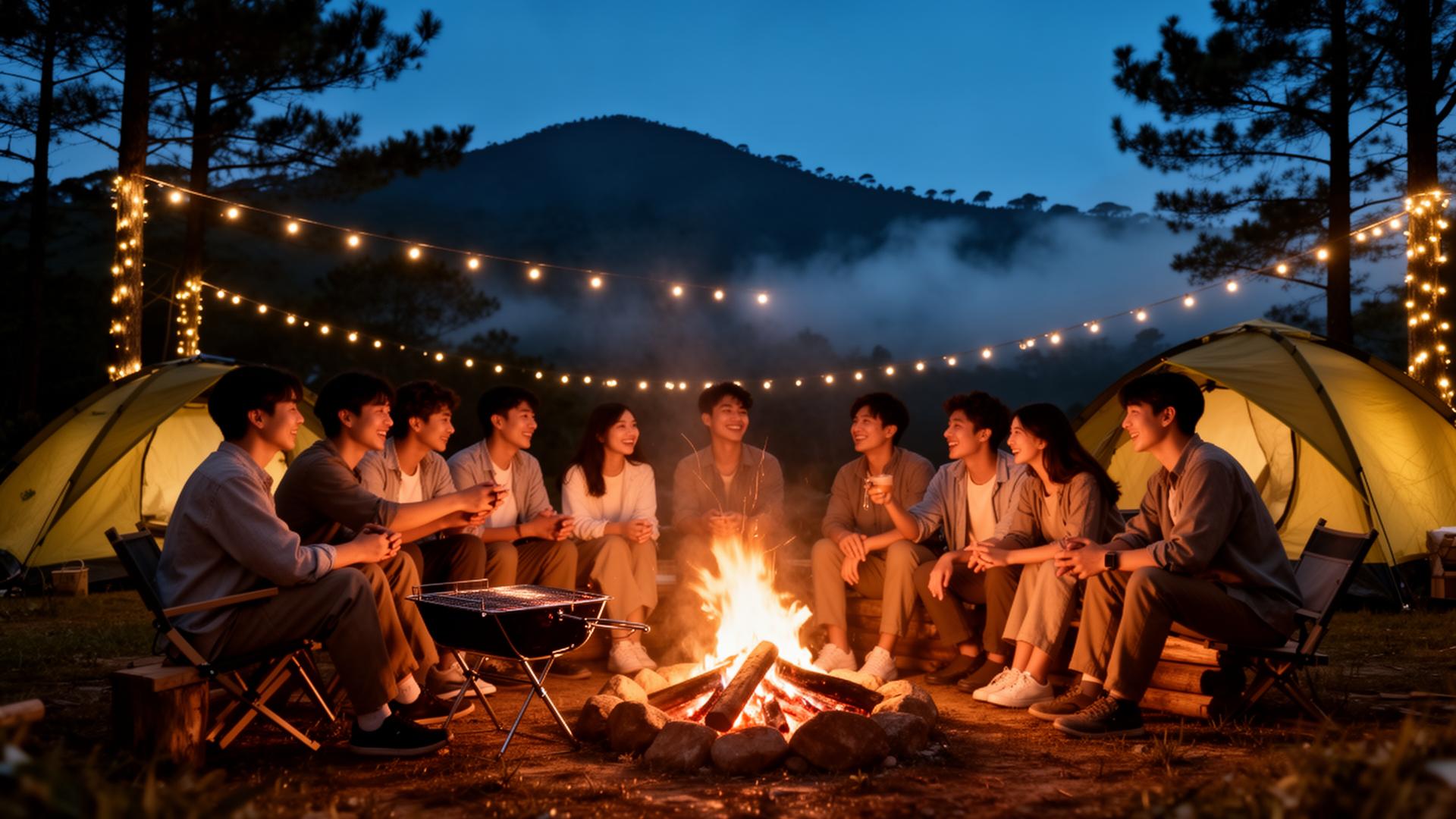 Bạn bè quây quần bên bếp lửa tại Green Hill Camping