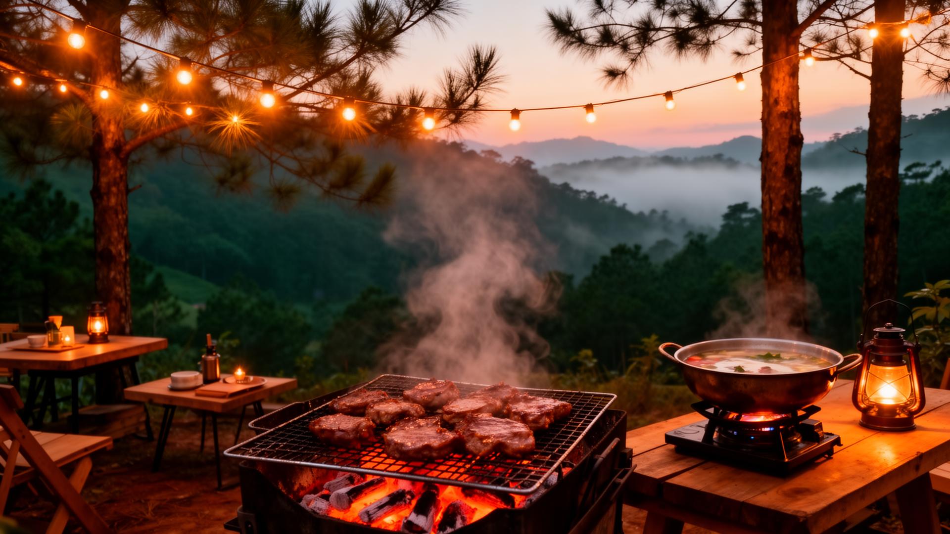 Không gian nướng lẩu Green Hill Camping với đèn vàng giữa rừng thông